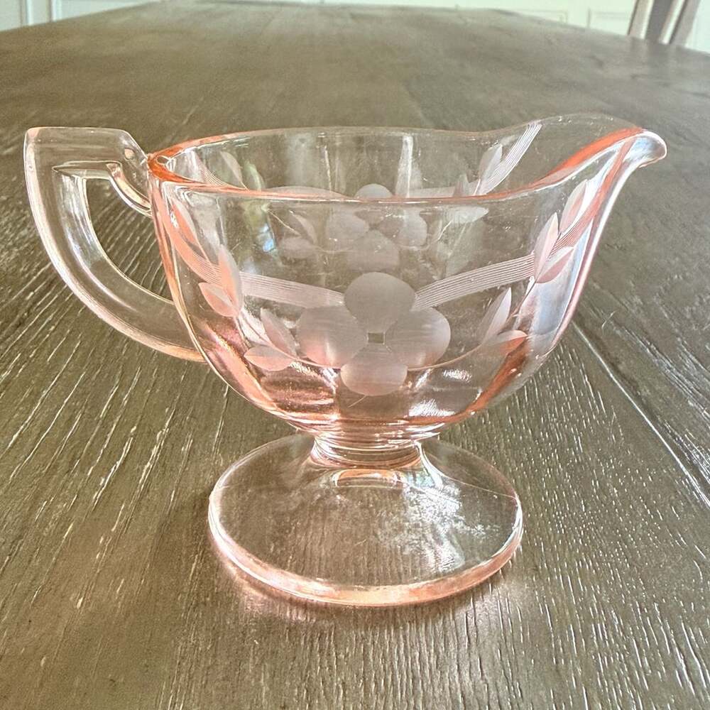 Vintage Pink Depression Glass Etched Floral Pedestal Creamer